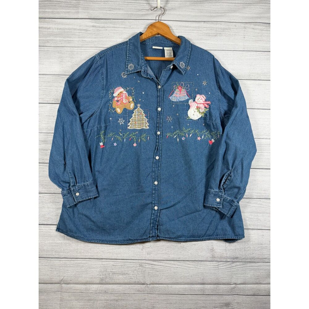 White Stag Plus 22W/24W Christmas Denim Embroidered Holiday Shirt 4029